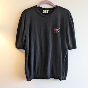 Black Short Sleeve Knit Top with Floral Embroidery
